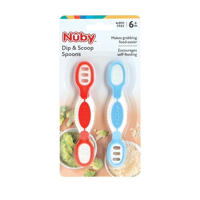 Nuby Dip & Scoop Spoons - (2-Pack) Baby Led Weaning Spoons for Babies - 6+ Months - Red and Blue