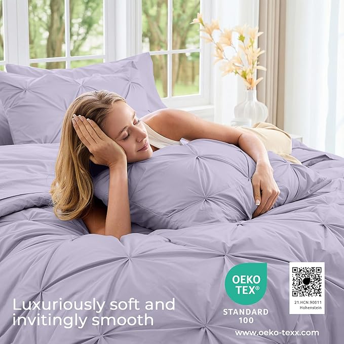 Sasttie King Size Comforter Set, 7-Piece Bed in a Bag, Pintuck Bedding Sets for All Season, Includes Comforter, Flat Sheet, Fitted Sheet, Pillowcases and Pillowshams, Lavender