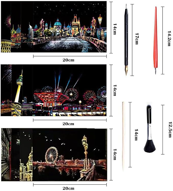 Georgie Porgy Scratch Paper Art Set DIY Arts and Crafts Kits for Kids Adults Magic Rainbow Scratch Postcards for Christmas Birthday Gift with Scratching Tools Kit (Europe Fireworks Architecture)