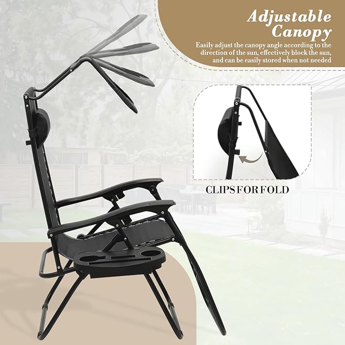 Athena Collection Zero Gravity Outdoor Lounge Chair Set of 2 with Canopy Shade, 25" Width Pool Lounge Lawn Chairs Reclining with Cup Holder, Outdoor Chaise for Beach Patio Outside, Black