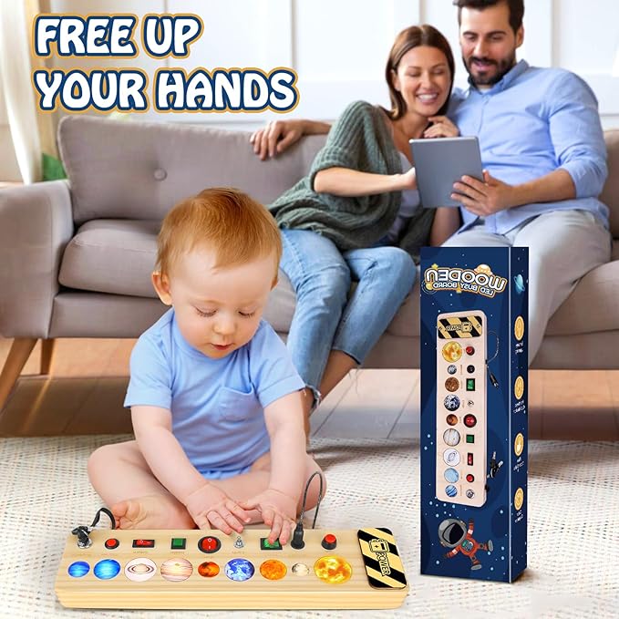 Solar System Busy Board Montessori Toys for Toddler, Wooden Sensory Board Switch Space Toy LED Light Up Travel Toys Educational Plane Travel Activity for Year Old Girls & Boys Gifts