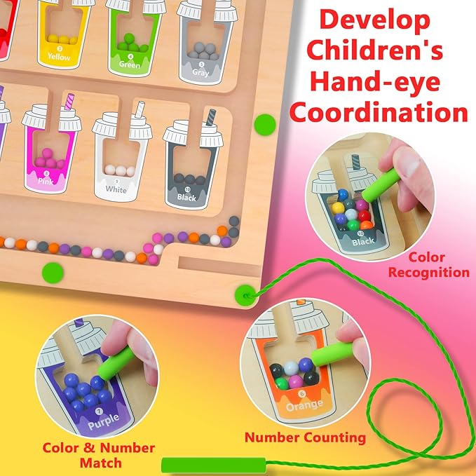 Magnetic Color and Number Maze, Montessori Wooden Magnet Puzzle Game Board for Toddlers, Learning & Education Toys for Preschoolers, Fine Motor Skills Toys for Boys Girls 3-5 Years Old