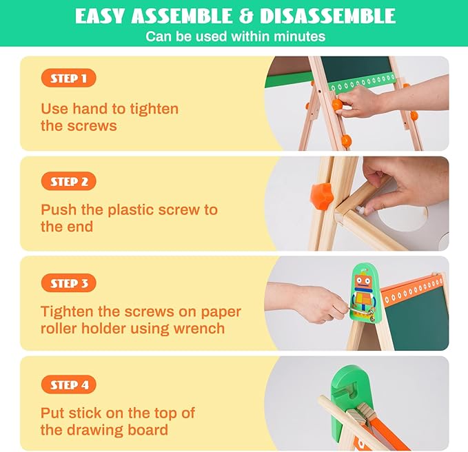 Kids Wooden Easel Foldable Double Sided Whiteboard Blackboard Children Art Easel with Storage, Height Adjustable Easel for Boys Girls Painting and Writing with Gift Packs (Green robot)