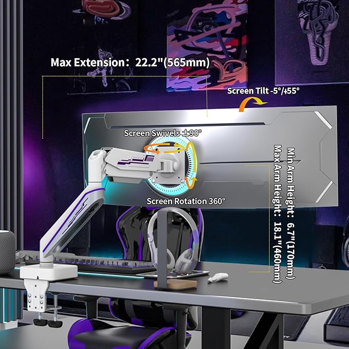 Heavy Duty Monitor Arm for Ultrawide Screen up to 49 inches,44 lbs,Gas Spring Desk Mount Stand, Premium Fully Adjustable Bracket with C Clamp, Grommet Base, VESA 75x75/100x100mm (White)