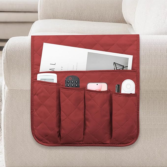 Armchair Caddy Couch Caddy Organizer Remote Control Holder Non-Slip Sofa Armrest Organize with 5 Pockets for Cell Phone TV Remote Control Magazines (RED)