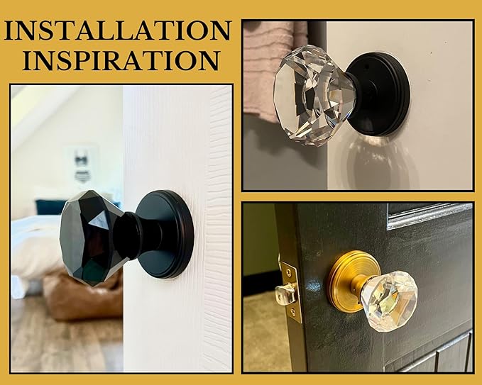 Black Crystal Door Knob with Lock, Glass Door Knobs Interior Privacy Set, Vintage Decorative Antique Style Handle for Bedroom, Bathroom, Closet, 1 Pack