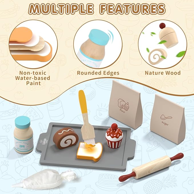 Lehoo Castle Play Food Set for Kids Kitchen, Play Kitchen Accessories Wooden, Kids Baking Set for Boys, Toys Cupcakes and Cookie Maker for Kids, Preschool Cooking Toys for Toddlers Boys Girls Ages 3+