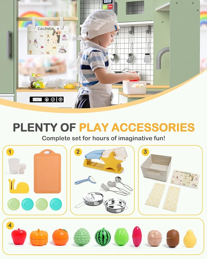 Babytronic Corner Wooden Play Kitchen Set for Kids w/Lights & Sounds, Pretend Play Kitchen Playset with Stove, Microwave, Ice Maker & Accessories, Perfect for Toddlers & Multiple Children (Green)