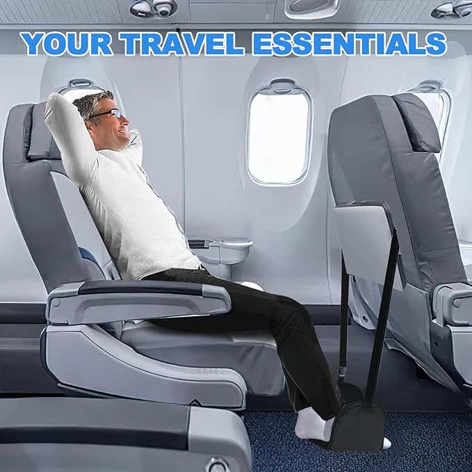 Airplane Foot Hammock with Removable Base & Memory Foam - Wide Hardboard Support No-Collapse Foot Rest for Long Flights, Office, Travel - Thickened Design Relieves Foot Pain (Black, Travel Essentials)
