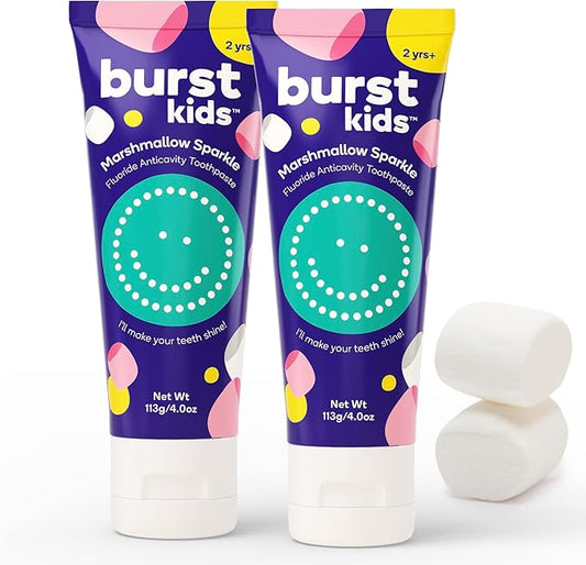 BURST Marshmallow Sparkle Kids Toothpaste with Fluoride (4oz/2 Pack) | Great Tasting | Flavored for Children & Toddlers | Anticavity | Dye Free & Vegan | Safe for Kids Ages 2+