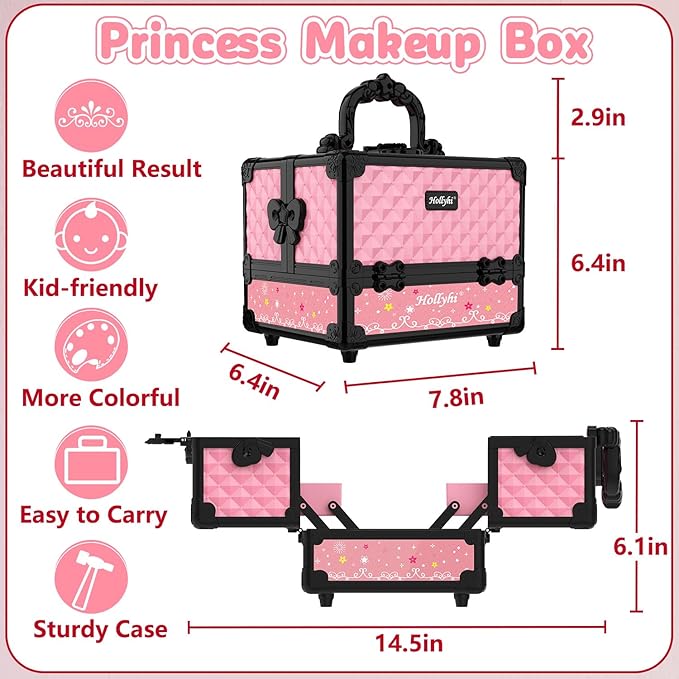 Hollyhi 59Pcs Kids Makeup Kit for Girl, Washable Play Makeup Toys Set for Dress Up, Beauty Vanity Set with Cosmetic Case Birthday Toys for Girls 3 4 5 6 7 8 9 10 11 12 Year Old Kids Toddlers ( Pink )