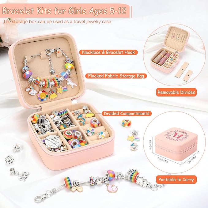 Charm Bracelet Making Kit for Girls 3-12, Kids Jewelry Making Kit 66Pcs Jewelry Kits for Girls Ages 8-12 Jewelry Maker Craft Necklace Birthday Christmas Gifts with Initial Jewelry Organizer Box - R