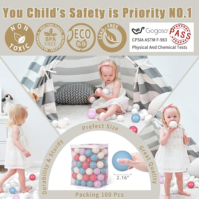 GOGOSO Colorful Ball Pit Balls - 2.15inch 100pcs Plastic Balls for a Fun and Exciting Play Experience at Carnivals and Events, Pink+Purple+Blue+White
