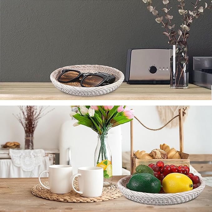 Hipiwe Small Key Basket Bowl for Entryway 7.6" Round Woven Wicker Basket Fruit Serving Tray Woven Basket Wall Decor Rattan Organizer Basket for Keys, Wallet,Whitewash