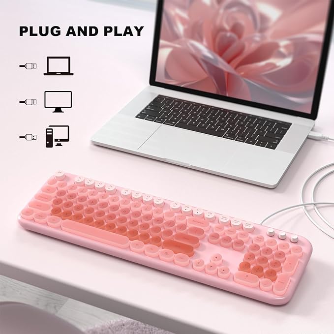 Wired Keyboard with Backlit, Light Up Computer Keyboards with Multimedia Keys, Full Size Wired Keyboard with Illuminated LED, Plug and Play, Anti-Wear Letters for Laptop, Desktop- Pink Colorful