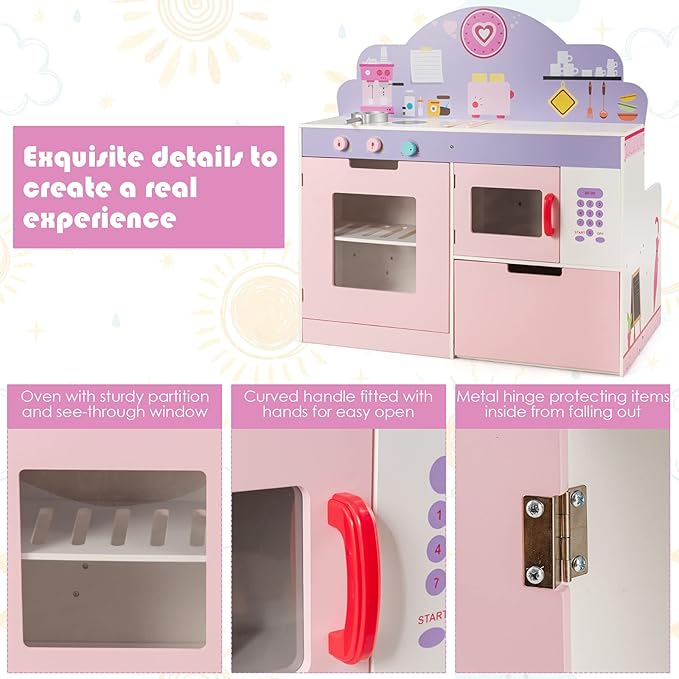 HONEY JOY Pink Kids Kitchen Playset, Double Side Little Chef Play Kitchen for Toddler & Cafe Shop, Cooking Utensil, Microwave, Storage Cabinet, Wooden Pretend Play Toy Kitchen Set, Gift for Boys Girls