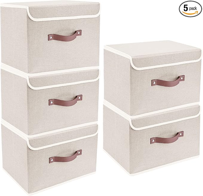TYEERS Foldable Storage Boxes with Lids 5 Pack Fabric Storage Bins with Lids, Closet Organizers for Clothes Storage, Room Organization, Office Storage, Toys - Beige