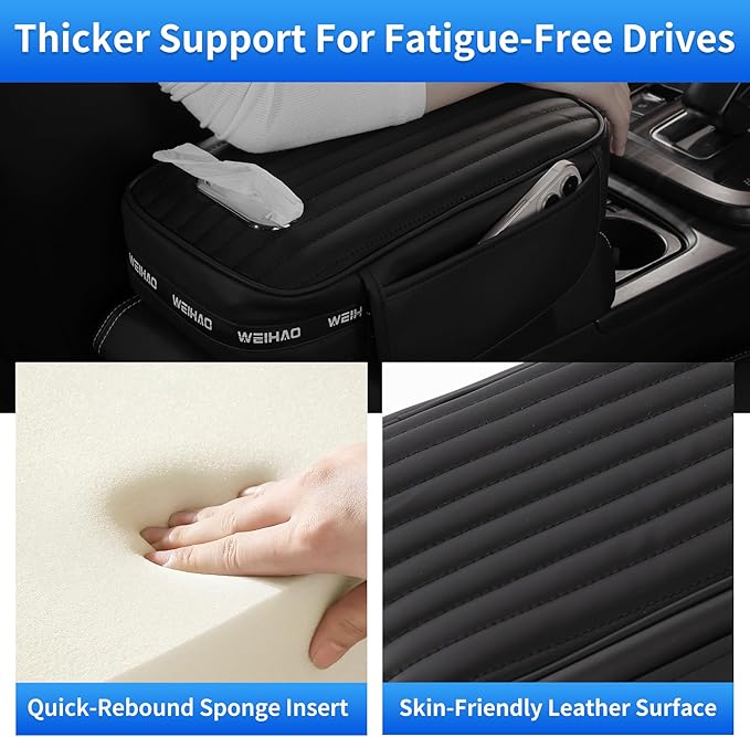 WEIHAO Car Armrest Cushion- Thick Padding 13x7.5x3.15 inch, Car Center Console Cover with Storage Pockets & Tissues Packs Slot, Leather Arm Rest Cover Pad for Cars, SUVs, Most Vehicles (Black-1PC)