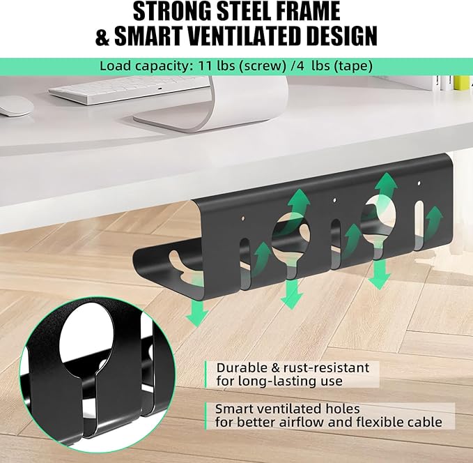 2 Pack Under Desk Cable Management Tray, 16.5" L x 4.7" W x 4.3" H, Wire Organizer for Power Strip, Tape Mount or Screw Mount, Easy Install Cord Raceway for Desk & Home