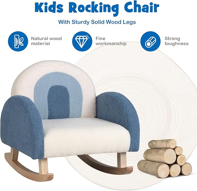 Costzon Kids Blue Rocking Chair with Solid Wood Frames, Plush Fabric, Anti-Tip Design for Kids Room, Nursery, Playroom, Preschool, Birthday Gift for Boys Girls, Toddler Furniture Armchair