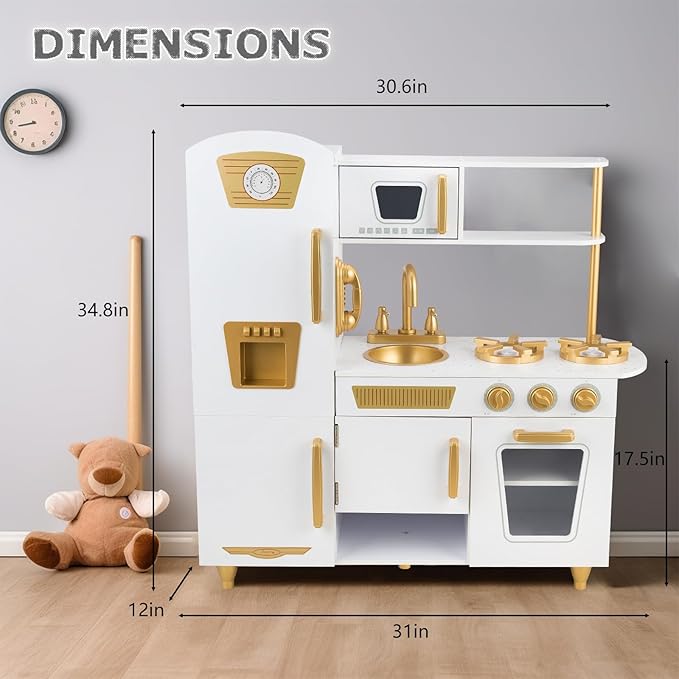 Kitchen Playset for Kids Ages 3-8, Wooden Pretend Play Kitchen with Realistic Sounds, Including Telephone, Ice Maker, Refrigerator, Dimensions: 35” H x 31” W x 12” D (White)
