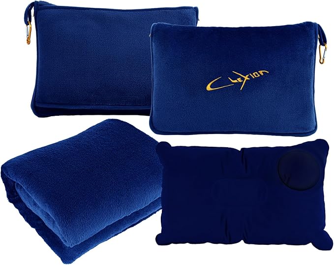 CLEXION Travel Blanket & Pillow Set, 300 GSM Soft Fleece, 60x43 Inches, 3-in-1 Airplane Blanket, Travel Pillow and Blanket Set, Travel Blanket Airplane Compact with Bag, Travel Essentials, Navy