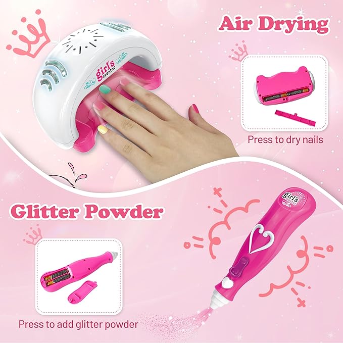 Kids Nail Polish Set for Girls Ages 5-12 Years Old, All-in-One Nail Art Kit with Nail Dryer/Glitter Pen/Nail Polish/Glitter Powder/Toe Separator/File, Toys Gifts for Girl 5 6 7 8 9 10 11 12