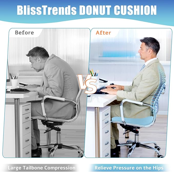 BlissTrends Donut Pillow Seat Cushion,Donut Chair Cushions for Postpartum Pregnancy & Hemorrhoids,Tailbone Pain Relief Cushion,Memory Foam Lifting Cushions for Office&Home Chairs (Light Blue)