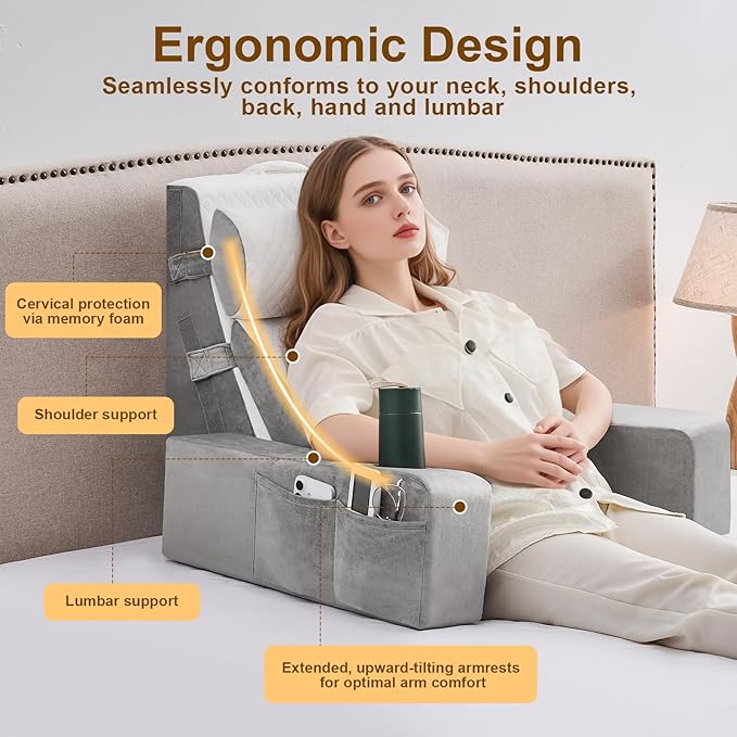 5pcs Reading Pillow for Adults Sitting in Bed – Back Pillow for Bed Sitting Up with Arms, Pockets & Cup Holder, Sit-Up Backrest Pillow for Beds & Chair Use, Beds Rest Pillows for Gaming, Watching TV