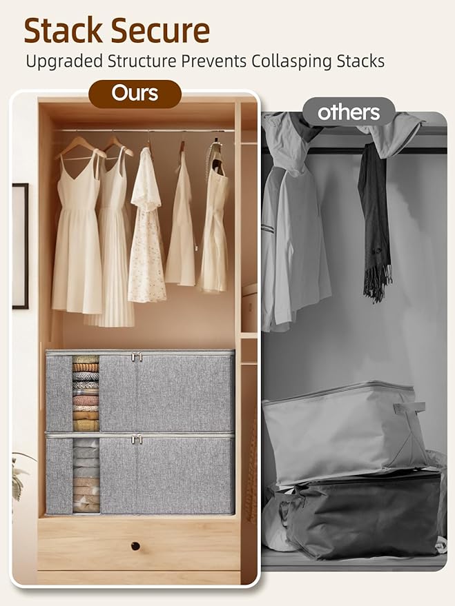 90L King Size Comforter Storage Bag w/Rigid Panels, Large Blanket Organizer for Closet, Stackable & Foldable Container w/Clear Window & Smooth Zippers for Bedding Sets/Clothes, 2 Pack, Gray