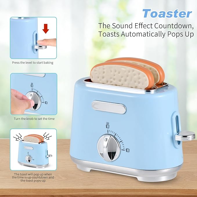 Ehome Play Kitchen Toys Kids Kitchen Accessories Pretend Play Kitchen Appliances Toy Set with Coffee Maker, Mixer, Toaster for Kids Ages 4 5 6 7 8 Girls, Birthday Gifts for Kids, Blue