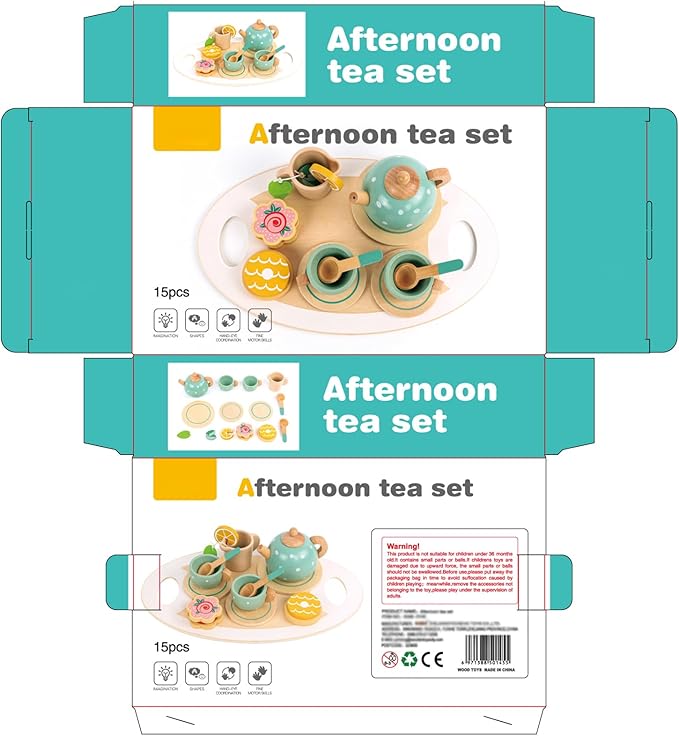 GAGAKU Wooden Tea Set for Little Girls,Wooden Toys Toddler Tea Set Play Kitchen Accessories for Kids Pretend Play Food Playset for Kids Tea Party 15Pcs