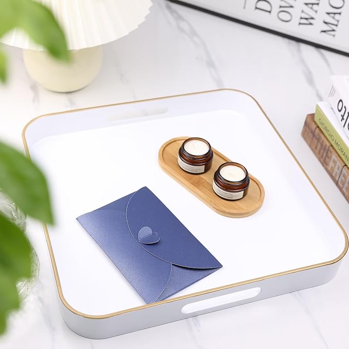 Omuriko White Square Decorative Tray with Handles, 13"*13" Versatile Serving Tray for Coffee Table, Ottoman, Ideal for Serving, Displaying, Organizing