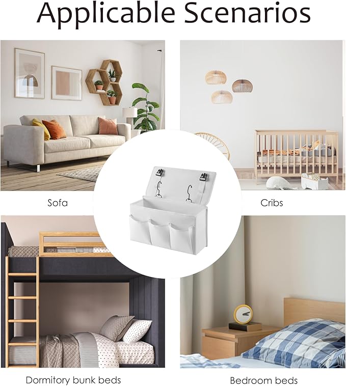 Bedside Caddy Bedside Storage Organizer ,Bed Caddy With Thickened Material Suitable for Homes, Dormitories, Hospitals, Cribs, RVs，Great for Magazines,Books ,Remote, Phone (white)