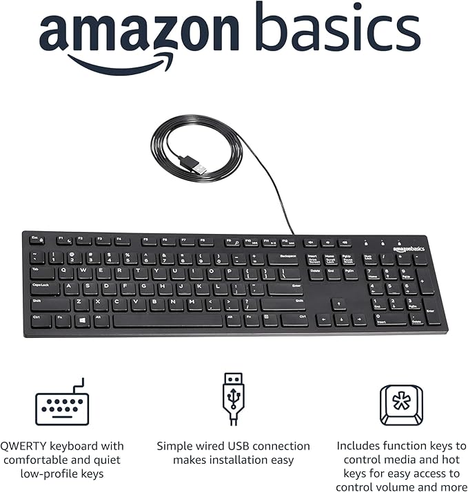 Amazon Basics Wired QWERTY Keyboard, Full-Sized, Black