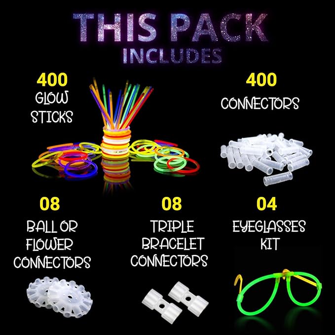 400 Glow Sticks Bulk, Glow in The Dark Party Supplies, Festival Accessories & More, Bulk Party Favors, Camping Games, Party Favors, Emergency Supplies