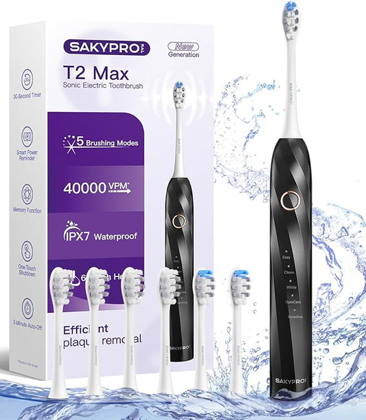 40,000 VPM Electric Toothbrush for Adults & Kids - Ultra Whitening Sonic Toothbrushes – 5 Modes with Smart Timer – 70-Day Long-Lasting Rechargeable Toothbrush, 6 Soft Brush Heads (T2 Max)