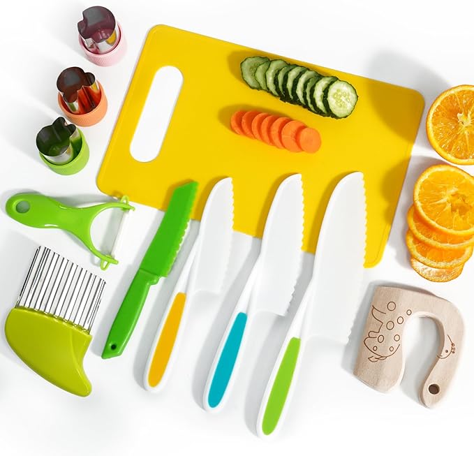 Kids Kitchen Knife Set, 11 Pcs BPA Free Montessori Kitchen Tools for Toddlers' Real Cooking, Include Kid Knives, Crinkle Cutter, Sandwich Cutters, Peeler, Cutting Board for Birthday