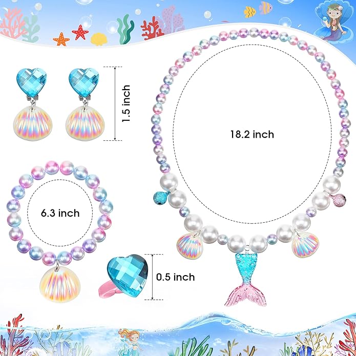 Jadive Mermaid Jewelry for Girls, Kids Mermaid Necklace Bracelet Ring Earrings Set Jewelry Gifts for Kids Toddler Pretend Play Christmas Dress up Party Decorations