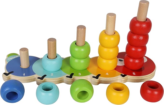 TOWO Wooden Stacking Rings Baby –Lovely Caterpillar Counting Game - Colour Sorting Puzzle - 5 Pegs Ring Stacker - Counting Rings Early Learning Wooden Toys for 1 Year Old Gift First Birthday Boy Girl