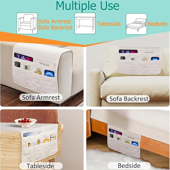 Armchair Caddy Remote Control Holder Sofa Organizer, Non-Slip Couch Arm Chair Caddy with 6 Pockets for Tablets,Smart Phone,Books,Pens,Magazines,Ipad (Off-White)