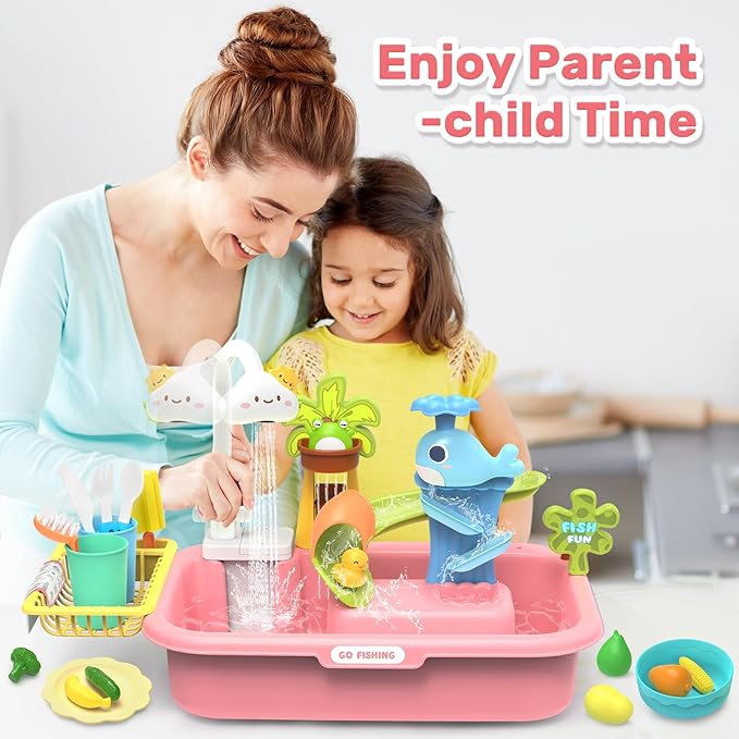 HOLYFUN Play Sink with Running Water, Kitchen Sink Toy with Upgraded Electric Faucet, Water Slide Track, Fishing Game Pool, and Floating Toys for Pretend Play,Dishwasher Toy for Kids and Toddlers