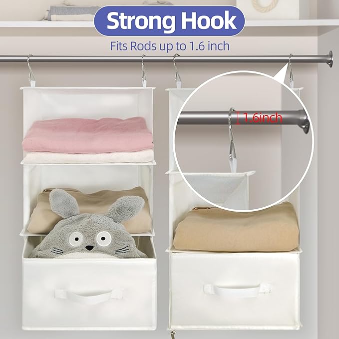 Twira 6-Shelf Hanging Closet Organizer, 2 Separable 3-Shelf Hanging Shelves, Hanging Storage with 3 Removanle Drawers 4 Side Pockets for Wardrobe, Nursery, Drom, Baby Clothes Organization Dark Grey