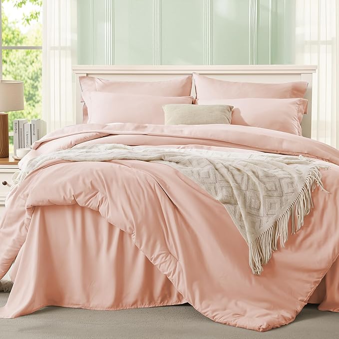 Anluoer Pink Twin Comforter Set 5 Pieces, Bed in a Bag with Sheets, All Season Bedding Sets with 1 Comforter, 1 Pillow Sham, 1 Pillowcase, 1 Flat Sheet, 1 Fitted Sheet