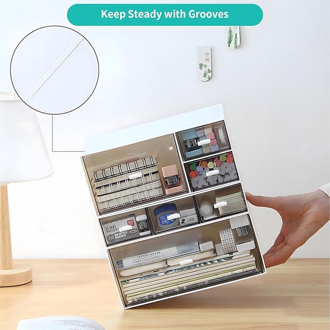 Desk Craft Organizer and Storage with 4 Mixed Drawers, Stackable Plastic Desktop Accessories & Workspace Organizer for Office Stationary, Makeup Skincare, Sanitation Supplies, White