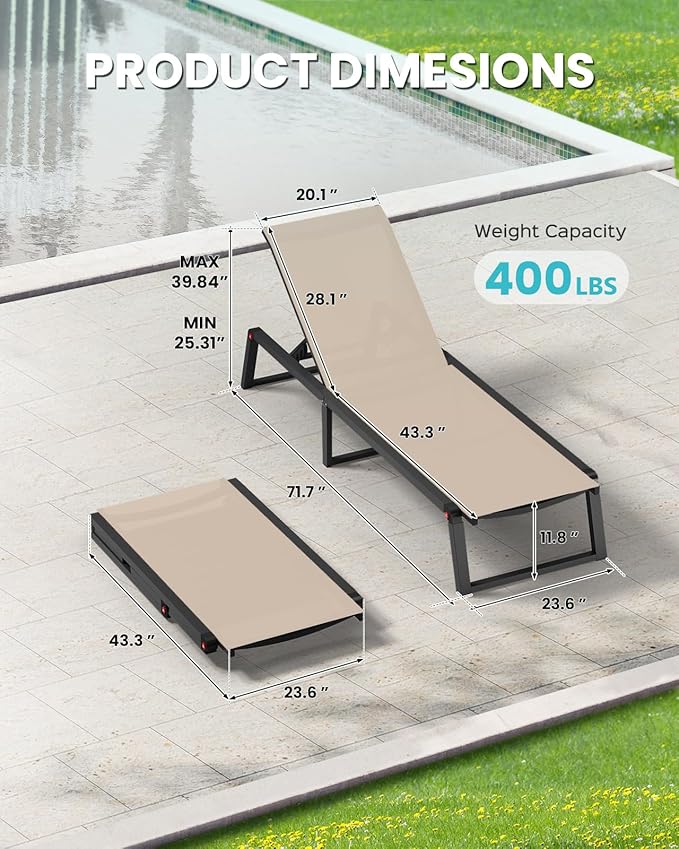 Aluminum Chaise Lounge Outdoor Set of 2, Foldable & Assembly Free Patio Pool Lounge Chairs 5-Position Recliner for Outside Poolside, Fully Grounded Legs Sun Lounger for Beach, Yard, Khaki