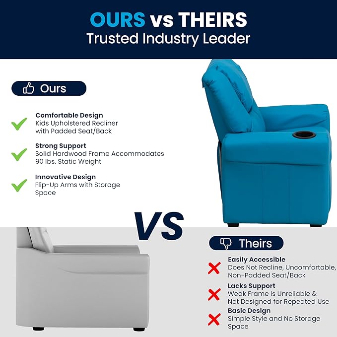 Flash Furniture Vana Vinyl Kids Recliner with Cup Holder, Headrest, and Safety Recline, Contemporary Reclining Chair for Kids, Supports up to 90 lbs., Turquoise