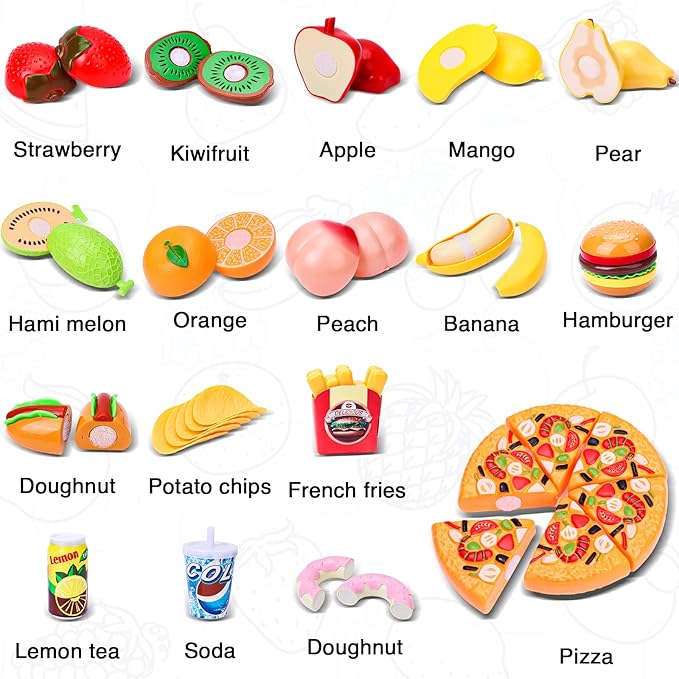92PCS Cutting Play Food Toy for Kids Kitchen,Play Kitchen Food with Vegetables & Fruit Shopping Basket,Kids Kitchen Accessories set,Kitchen Toys,Food Toys Best Birthday Gift,Play Food for Toddlers 1-3