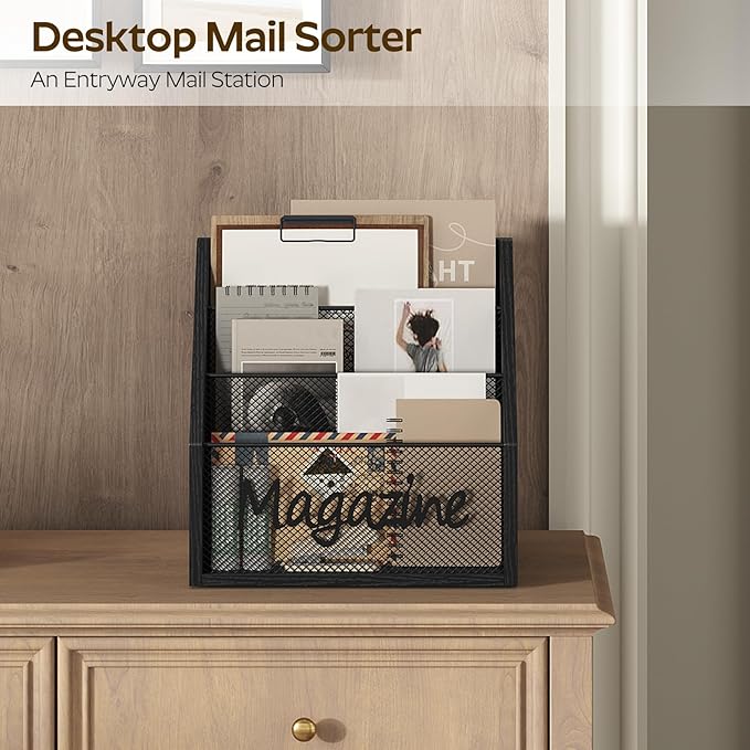 YATINEY Magazine Holder, Wood Magazine Rack Floor, Mail Organizer Countertop, Magazine Mail Holder Sorter, Record Holder for Magazines, Books, Newspapers, Tablets, Black MR02BB