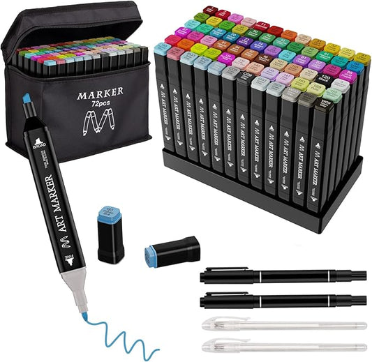 Alcohol Markers Set, 72 Colors Dual Tip Art Marker for Kids Sketching Adult Coloring, Permanent Drawing Marker with Case and Holders
